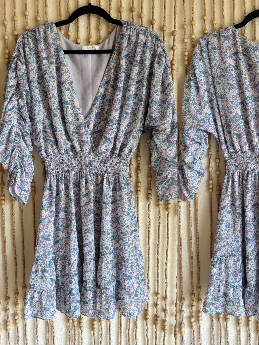 Lush Lavender Floral Coquette Cottage V Neck V-Neck Smocked Ruffle Hem Dress